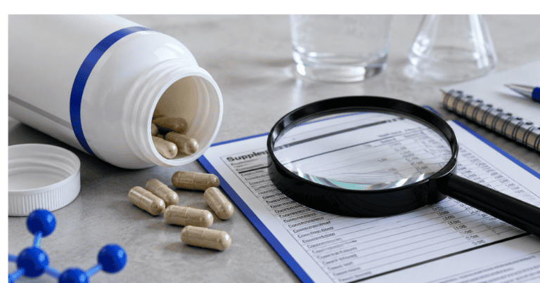 Are nootropics safe — examining a supplement facts label with a magnifying glass