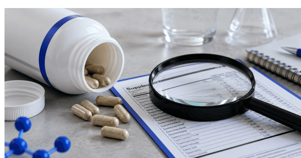 Are nootropics safe — examining a supplement facts label with a magnifying glass