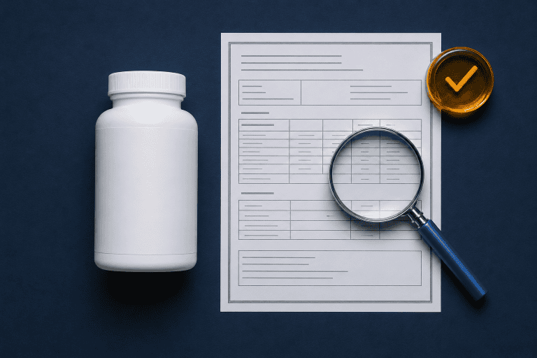 Supplement bottle and Certificate of Analysis representing nootropic safety verification