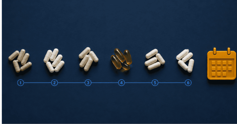 Six supplement piles in sequence representing the best nootropics for beginners introduction order