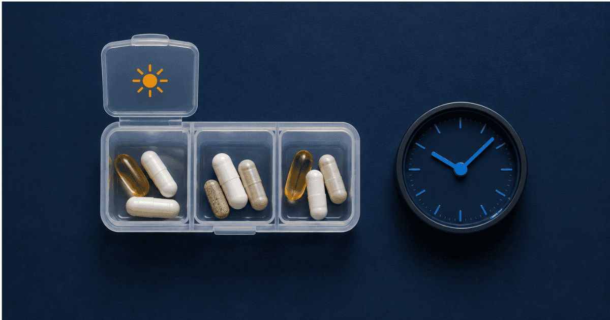 Daily pill organiser with morning, midday, and evening compartments representing nootropic timing windows