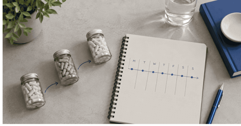 Nootropic stacking — supplements added in a staged sequence alongside a testing timeline
