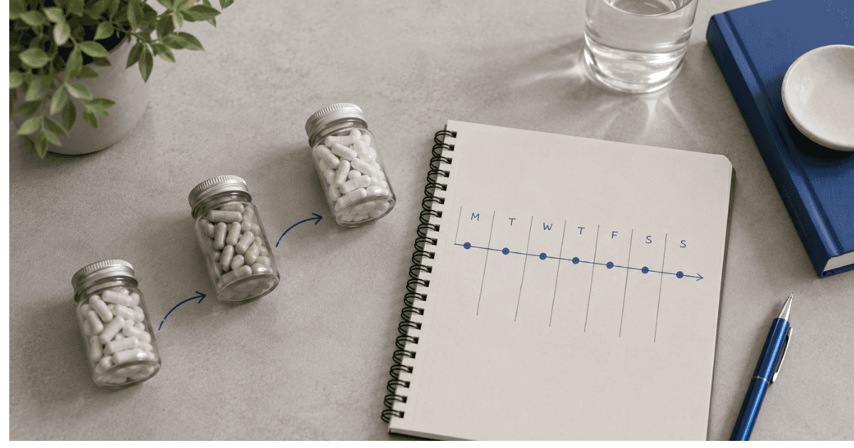 Nootropic stacking — supplements added in a staged sequence alongside a testing timeline