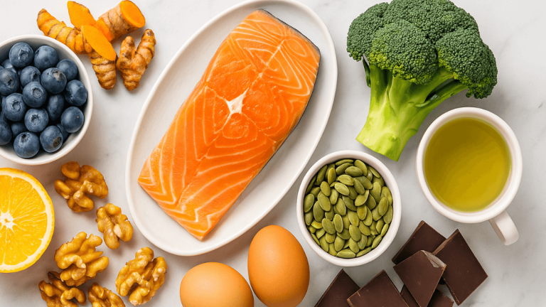 A vibrant flat lay of the top 10 brain-boosting foods, including salmon, blueberries, walnuts, and dark chocolate, arranged on a clean white marble background.