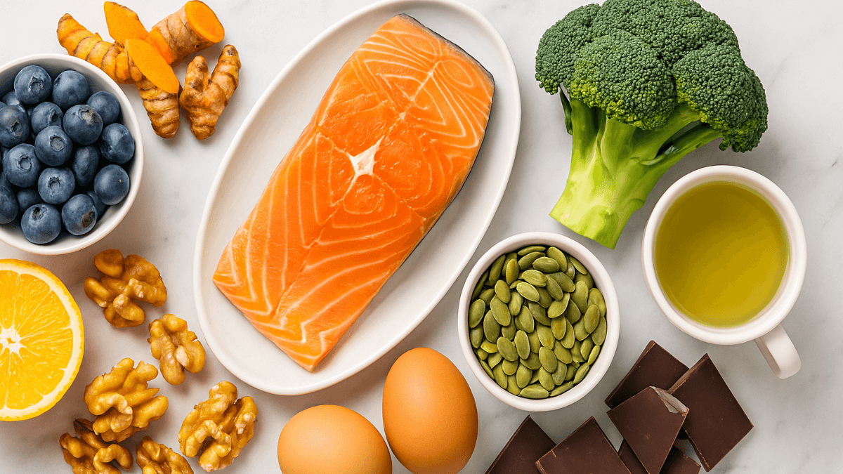 A vibrant flat lay of the top 10 brain-boosting foods, including salmon, blueberries, walnuts, and dark chocolate, arranged on a clean white marble background.