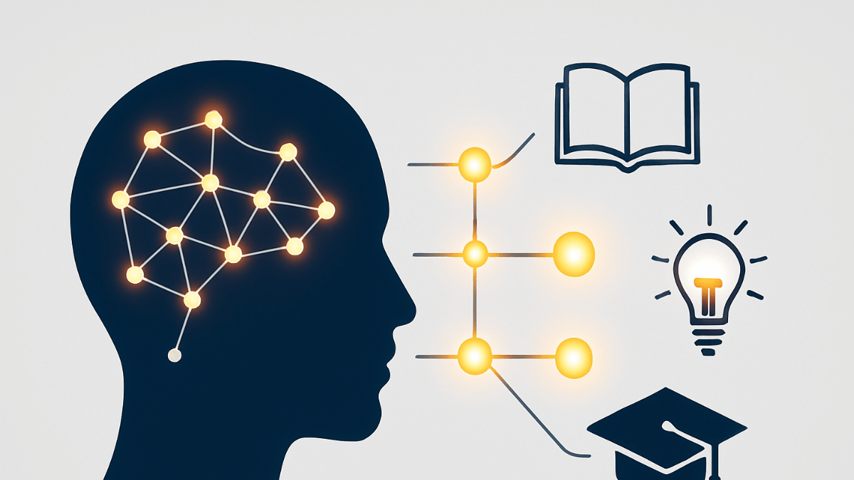 Abstract graphic of a brain with glowing neural connections, representing the process of improving memory and learning for students and professionals