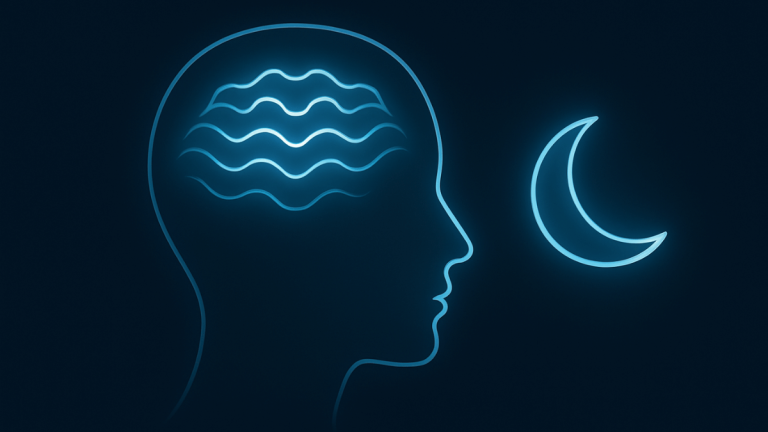 A graphic showing the connection between sleep, represented by a crescent moon, and brain performance.