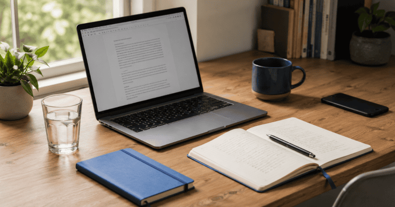 Deep work setup — single-tasking workspace with phone placed out of reach to protect focus