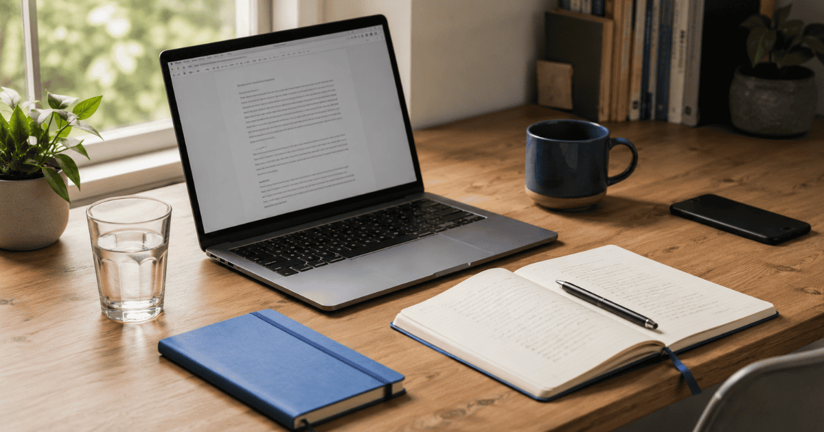 Deep work setup — single-tasking workspace with phone placed out of reach to protect focus