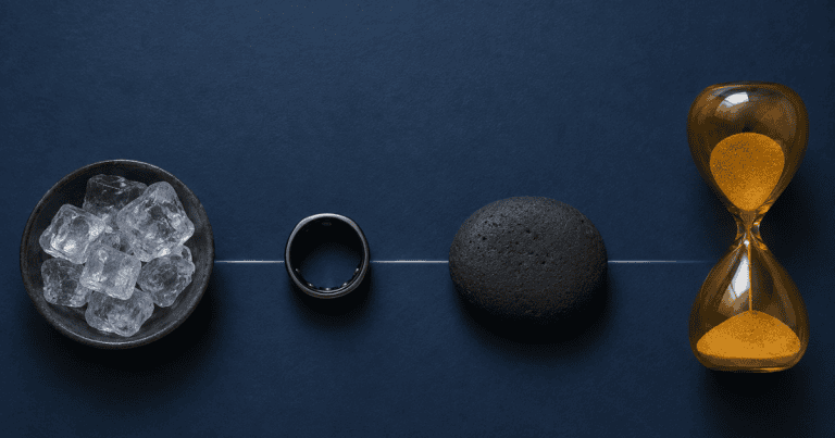 Ice, a wearable tracking ring, and a warm stone representing the core biohacking protocols