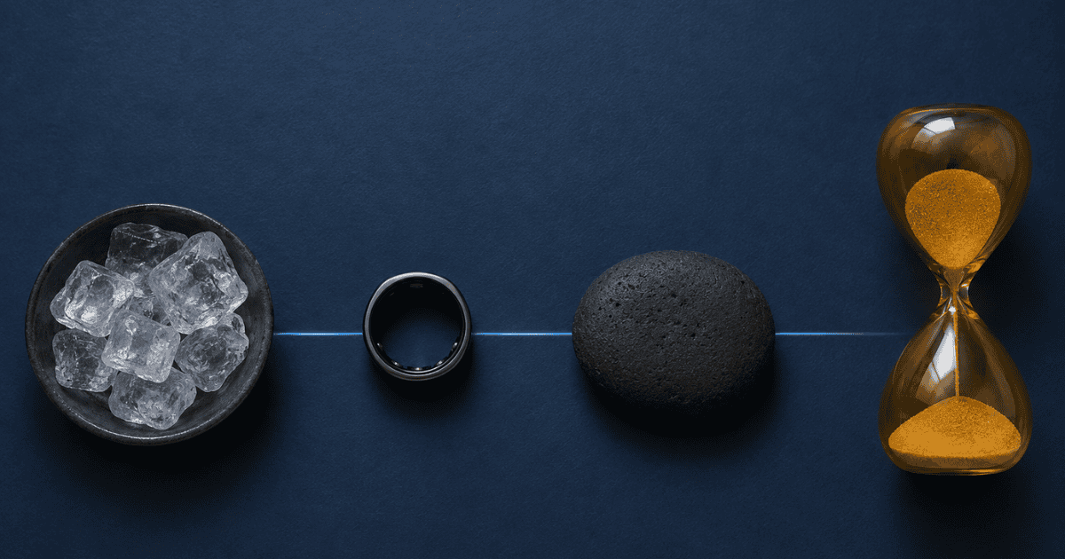 Ice, a wearable tracking ring, and a warm stone representing the core biohacking protocols