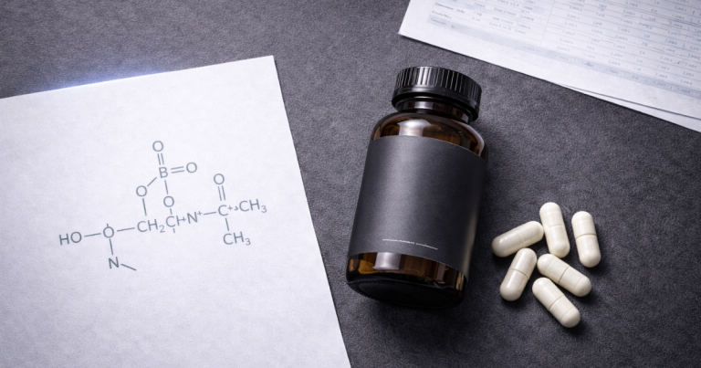 Alpha-GPC supplement capsules beside a clinical trial document and glycerophosphocholine molecular diagram on a dark surface