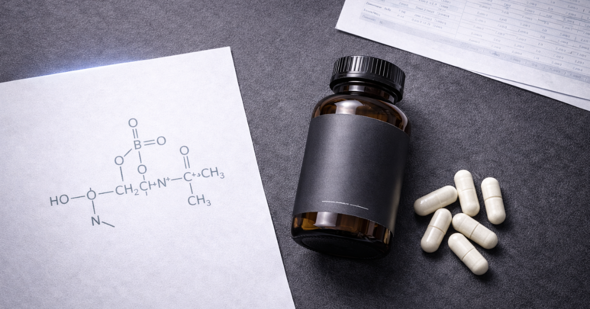Alpha-GPC supplement capsules beside a clinical trial document and glycerophosphocholine molecular diagram on a dark surface
