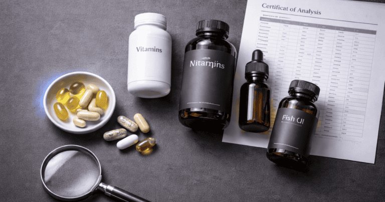 Evidence-based nootropic safety evaluation showing supplement bottles certificate of analysis and quality verification on a dark surface