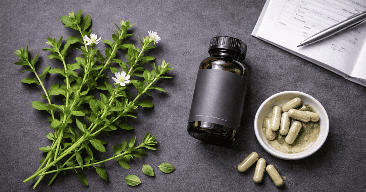 Lion's Mane mushroom fruiting body beside supplement capsules and research journal on a dark surface