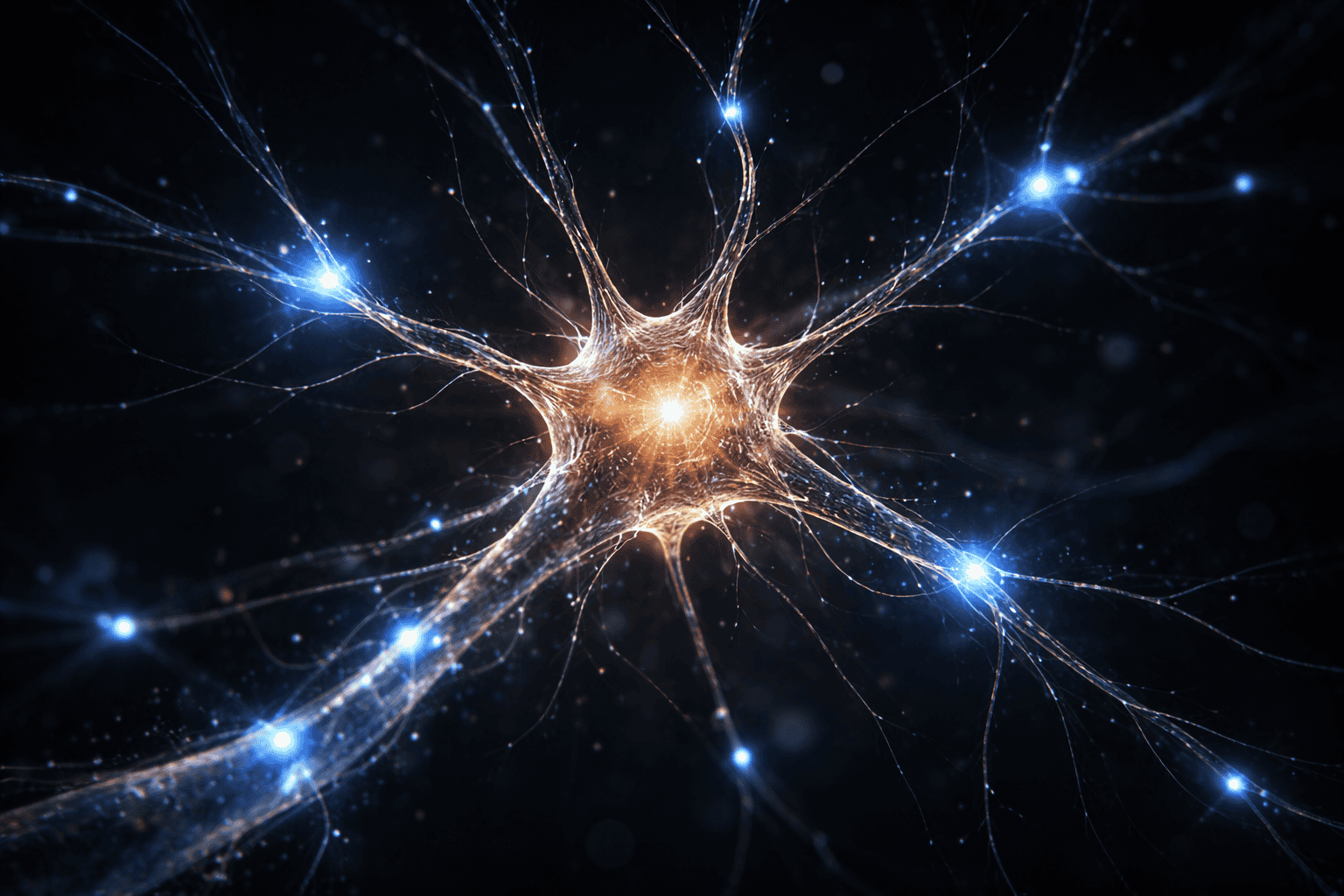 Luminous single neuron with glowing blue synaptic connections and dendrite branches representing brain health neuroplasticity and cognitive longevity — NeuroEdge Formula