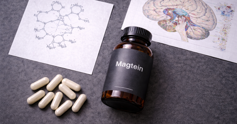 Magtein Magnesium L-Threonate capsules beside a synapse density diagram and magnesium-threonate molecular structure on a dark surface
