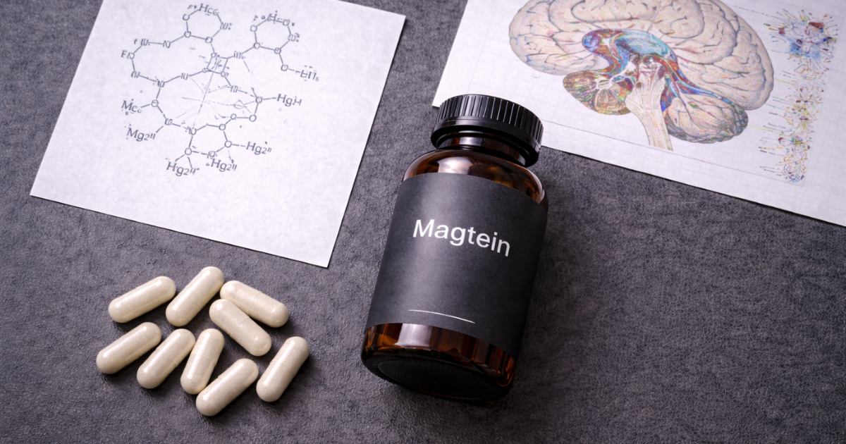Magtein Magnesium L-Threonate capsules beside a synapse density diagram and magnesium-threonate molecular structure on a dark surface