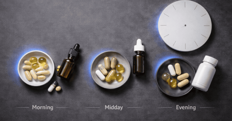 Nootropic dosing and timing schedule showing morning midday and evening supplement protocols on a dark surface
