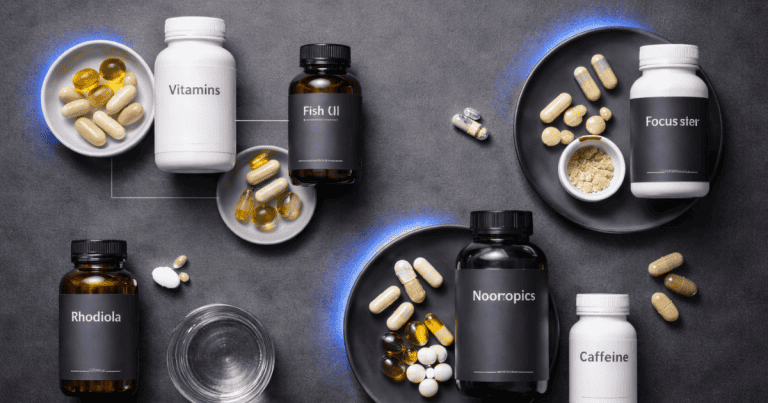 Nootropic stacking guide showing beginner and advanced supplement combinations on a dark surface