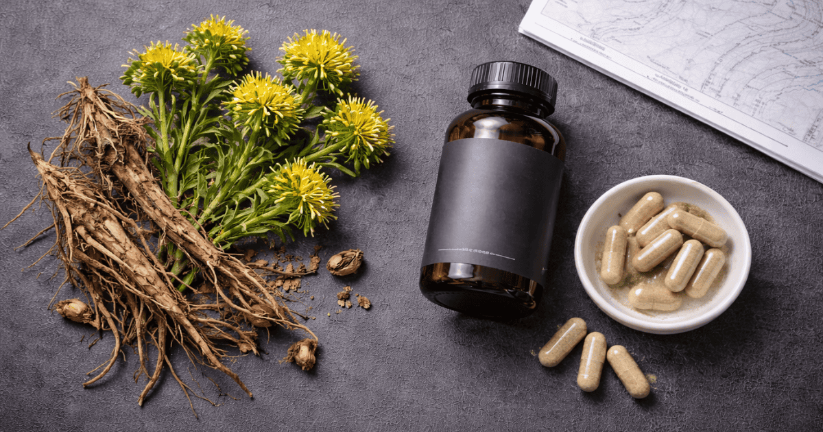Rhodiola Rosea golden root plant material and standardized extract capsules beside an altitude map on a dark surface
