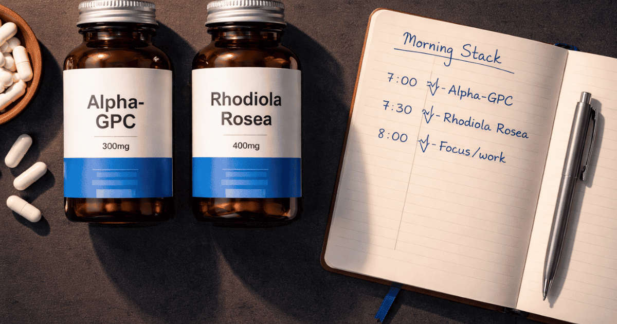 Alpha-GPC and Rhodiola Rosea supplement bottles beside morning stack timing protocol journal representing the cholinergic performance and HPA stress normalization stack for sustained cognitive performance under high-demand conditions