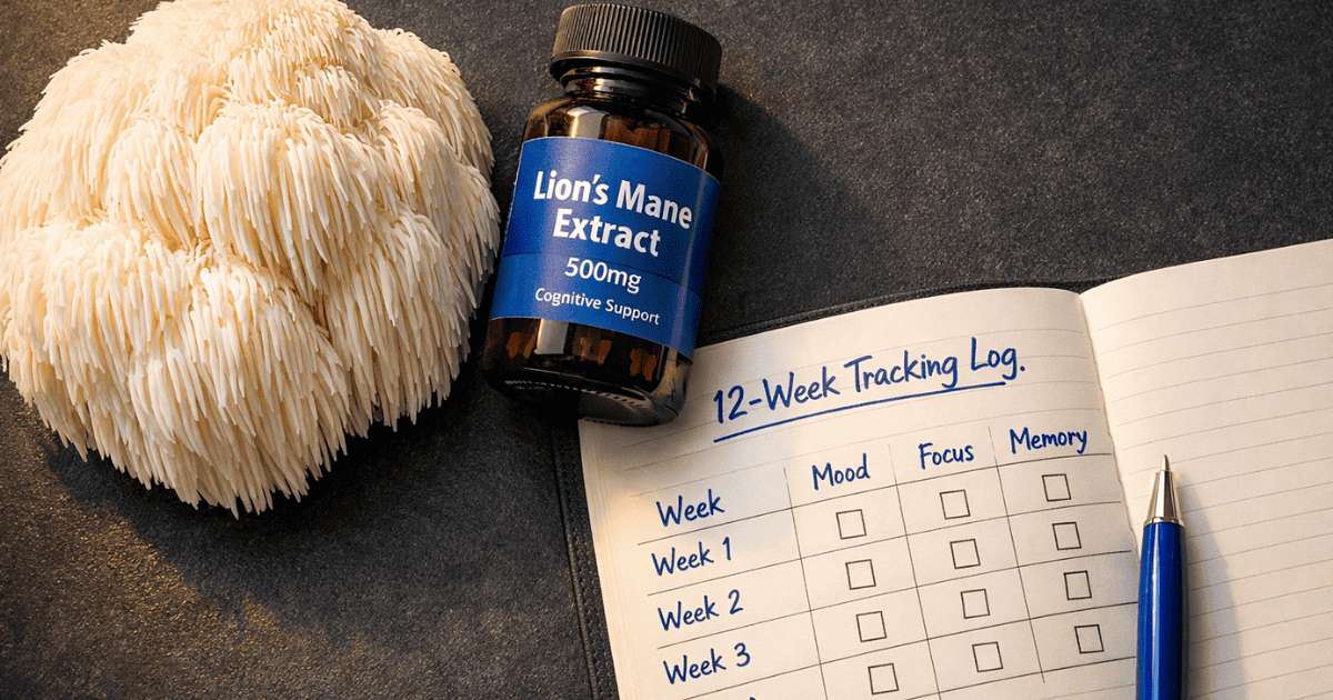 Fresh Lion's Mane mushroom Hericium erinaceus beside standardized extract supplement representing the NGF neuroplasticity mechanism and 12-week cognitive performance protocol