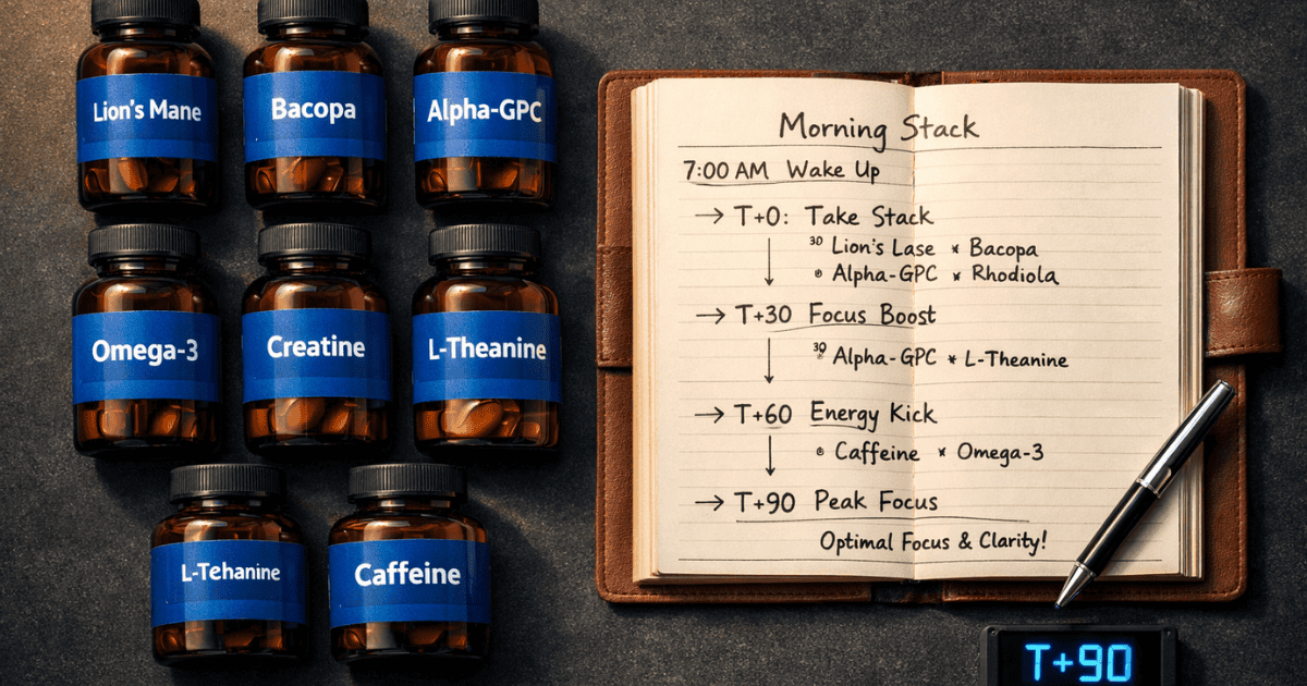 Advanced nootropic stacking protocol layout with organized supplement bottles and morning timeline journal representing the systematic methodology for mechanism-diverse compound combinations and tolerance cycling management