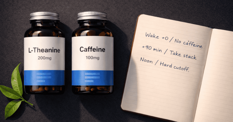 Two supplement bottles labeled L-Theanine 200mg and Caffeine 100mg on dark surface with a timing chart — L-theanine caffeine stack guide