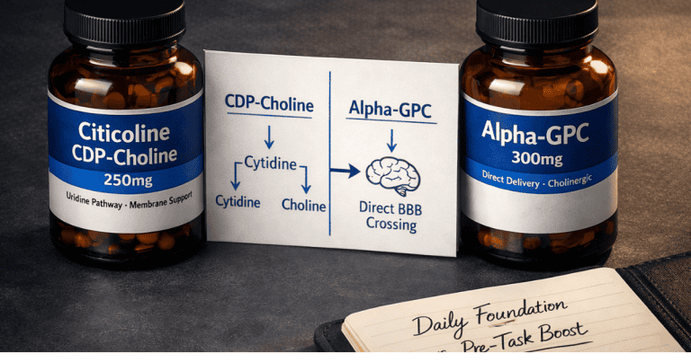 Two supplement bottles of citicoline and alpha-GPC side by side with pathway diagrams showing their different mechanisms for raising acetylcholine in the brain