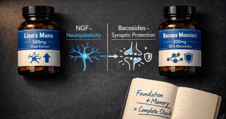 Two supplement bottles of Lion's Mane and Bacopa Monnieri side by side with diagrams showing their different cognitive mechanisms — NGF-driven neuroplasticity versus bacoside-driven synaptic protection