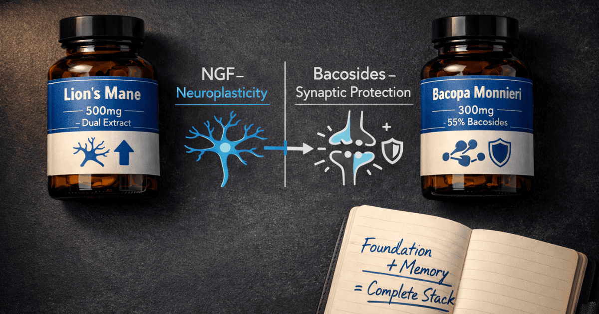 Two supplement bottles of Lion's Mane and Bacopa Monnieri side by side with diagrams showing their different cognitive mechanisms — NGF-driven neuroplasticity versus bacoside-driven synaptic protection