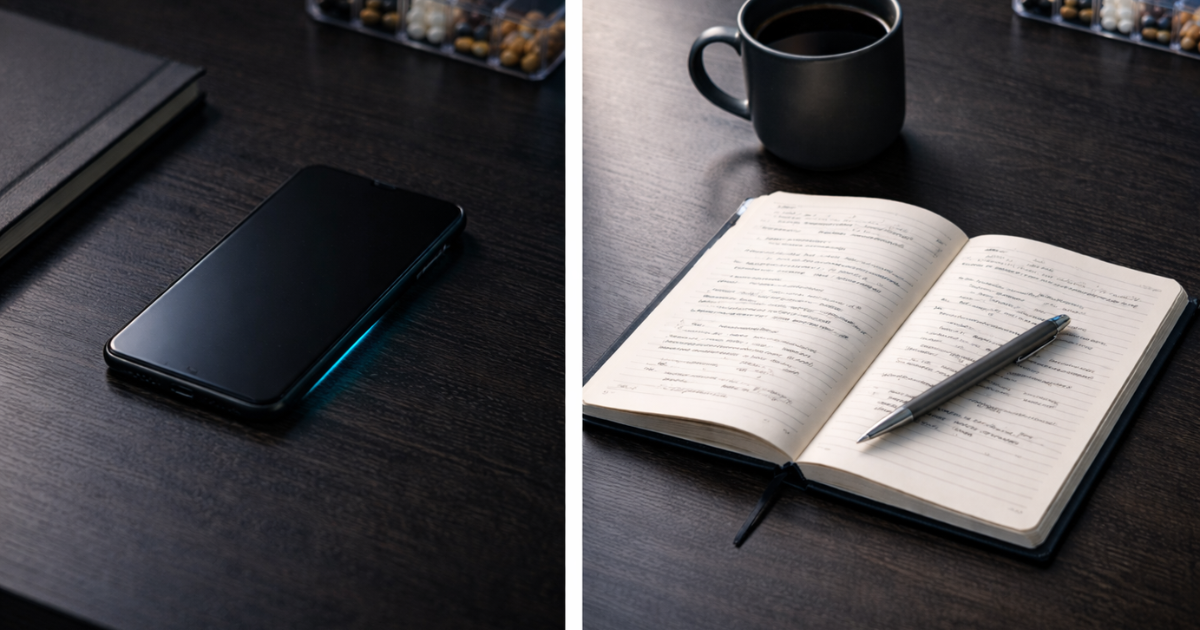 Split desk image showing phone-present vs phone-absent workspace representing structural digital distraction management