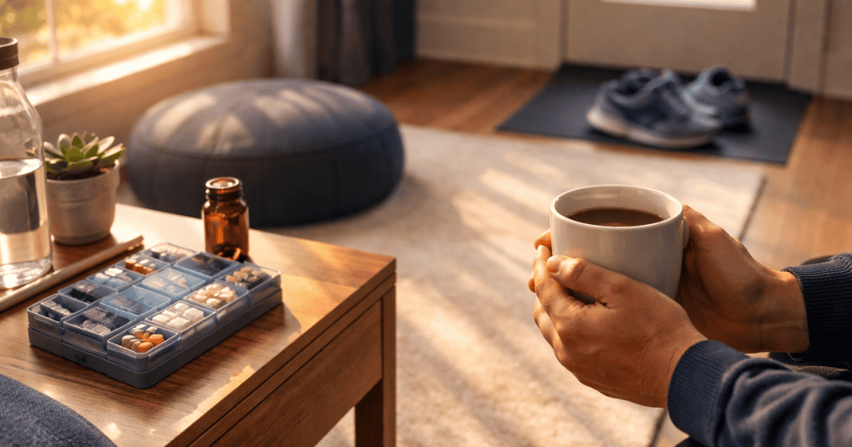 Bright morning scene with coffee, meditation cushion, and supplements representing the evidence-based cognitive performance morning protocol