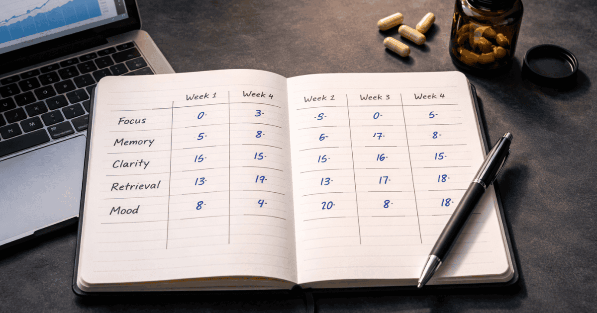 Open notebook showing a 4-week cognitive tracking grid alongside a supplement bottle and laptop displaying cognitive assessment results — representing a systematic nootropic testing protocol Caption: Systematic nootropic testing requires a structured 4-week protocol combining objective cognitive assessment, daily subjective ratings, and confound variable tracking. Without all three elements, self-testing produces data you cannot interpret reliably.