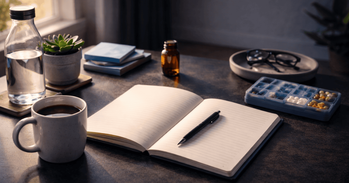 Organized minimal desk with notebook and supplements representing the evidence-based ADHD-style focus protocol