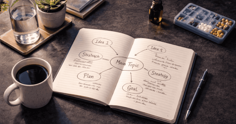 Open notebook with concept map and supplements on dark desk representing the evidence-based memory improvement protocol
