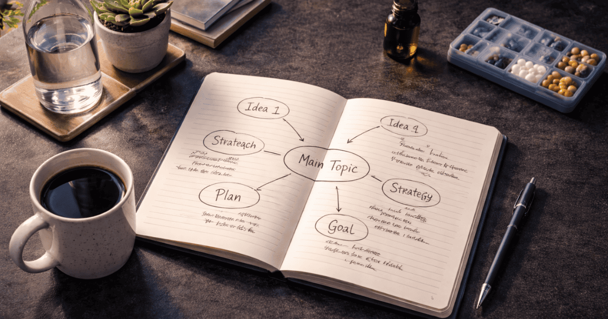Open notebook with concept map and supplements on dark desk representing the evidence-based memory improvement protocol