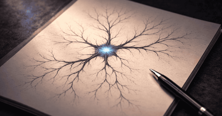 Abstract neural branching diagram on paper representing the neuroscience of learning and long-term memory formation