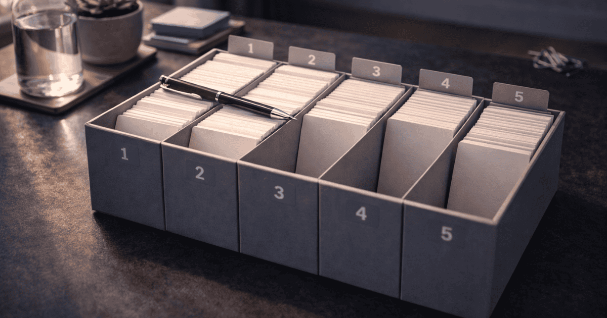 Flashcard Leitner box system on dark desk representing the evidence-based spaced repetition memory retention method