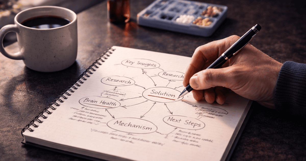 Hand writing interconnected concept notes representing working memory as the cognitive workspace for active thinking and problem solving