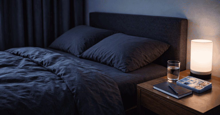 Dark minimalist bedroom with supplements on nightstand representing sleep as the primary memory consolidation mechanism for learning