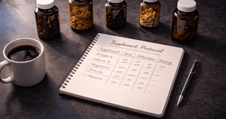 Five amber supplement bottles arranged with notebook and coffee representing the evidence-based nootropics for memory stack