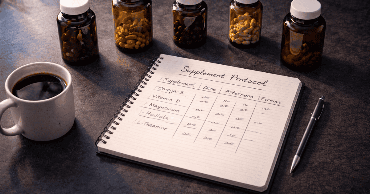 Five amber supplement bottles arranged with notebook and coffee representing the evidence-based nootropics for memory stack