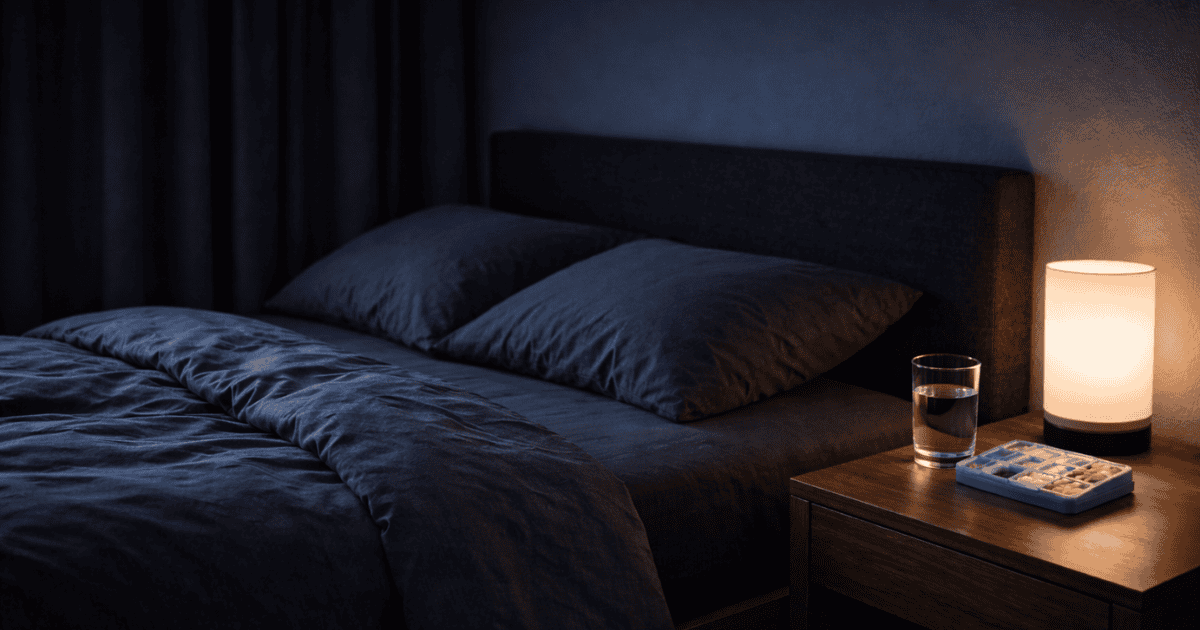 Dark minimalist bedroom at night representing the evidence-based sleep optimization environment for deep restorative rest
