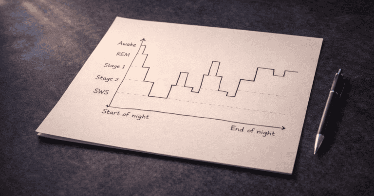 Hand-drawn sleep architecture hypnogram showing sleep stage cycling across a full night of restorative sleep