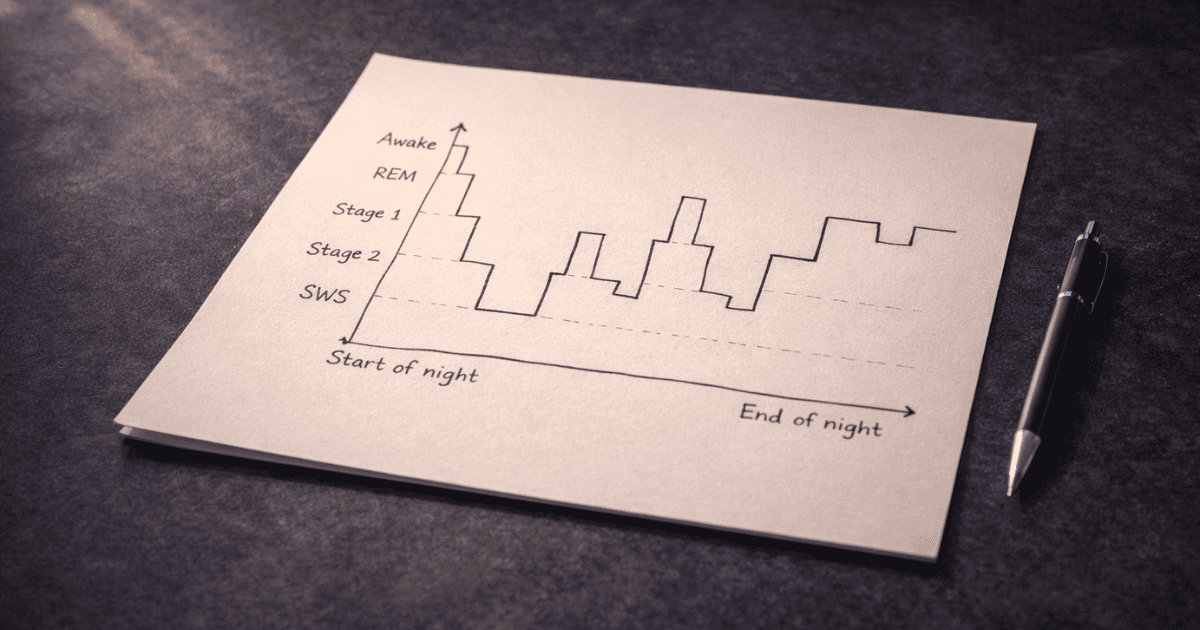 Hand-drawn sleep architecture hypnogram showing sleep stage cycling across a full night of restorative sleep