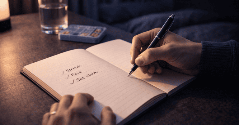 Person writing to-do list in journal as part of evidence-based pre-sleep cognitive wind-down routine to fall asleep faster