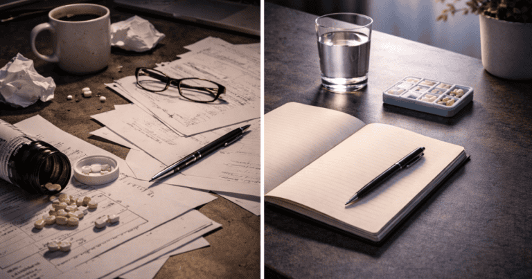 Before and after desk comparison representing the cognitive performance difference between sleep deprivation and optimized sleep