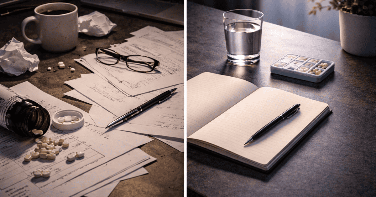 Before and after desk comparison representing the cognitive performance difference between sleep deprivation and optimized sleep
